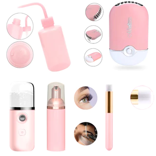 Kit Extensão Limpeza Cílios Nano Umidificador e Ventilador USB Frasco Pump Pincel Limpeza Pisseta