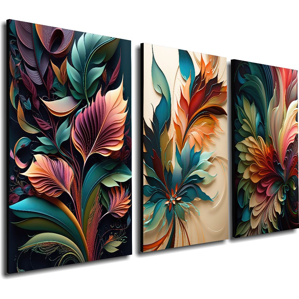 Quadro Decorativo 3 Peças Folhas Flores Moderna Colorida Lançamento Exclusivo Tamanho Gg Mdf3mm em Oferta na Shopee