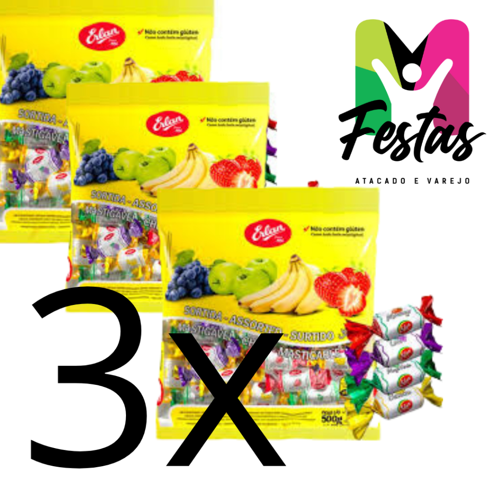 Kit Com 3x Pacotes De Bala Macia Sortida 500G - Erlan em Oferta na Shopee