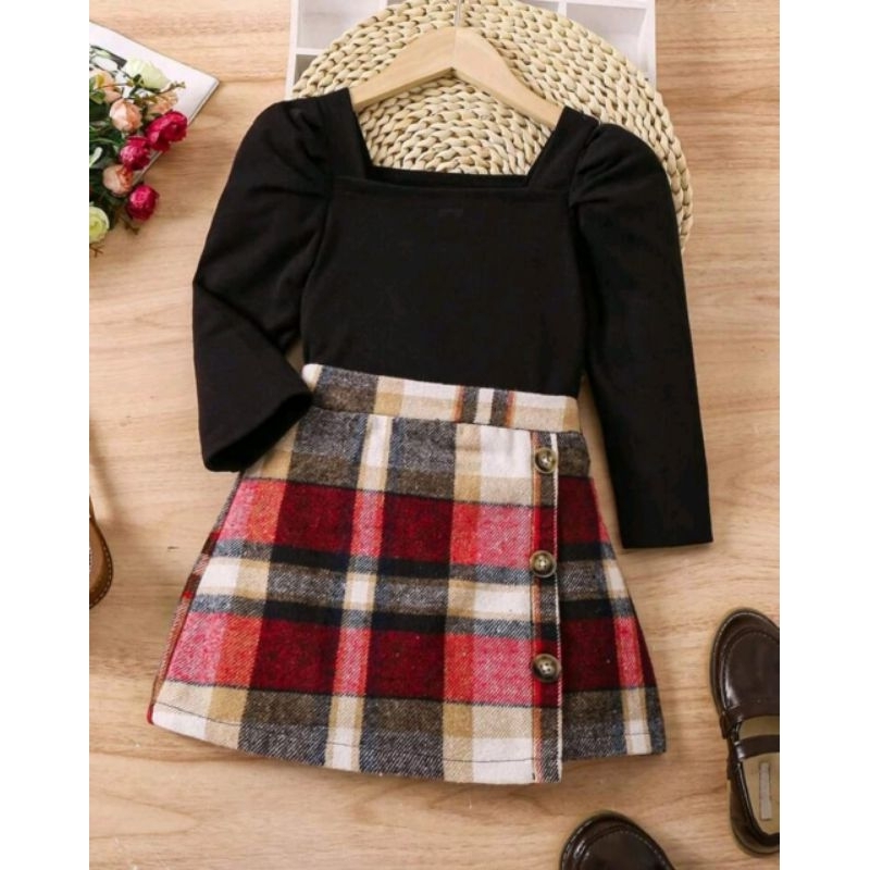 Conjunto infantil xadrez menina blusa canelada saia flanelada elegante e estilosa