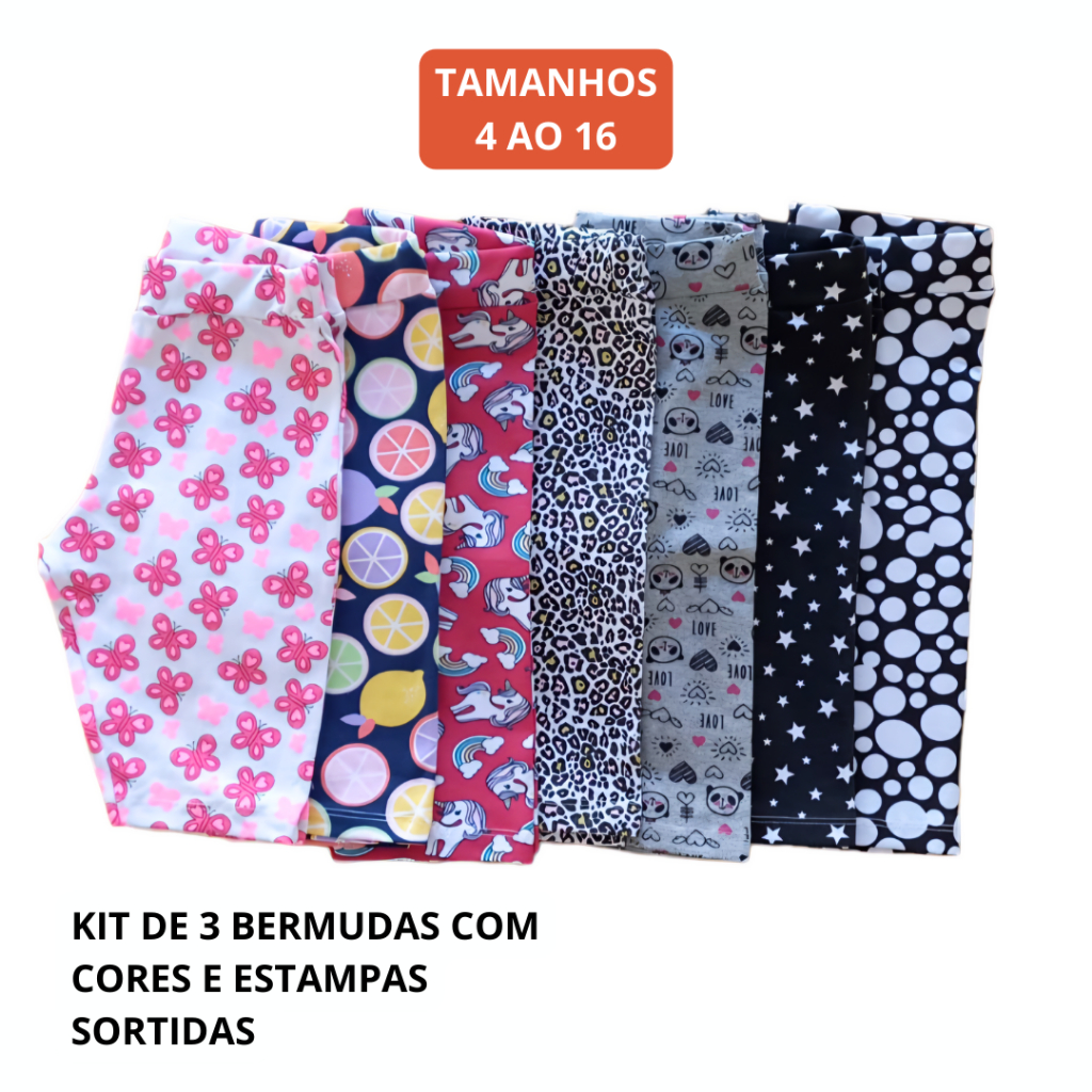 Kit 3 Short bermuda infantil/juvenil de cotton estampada menina