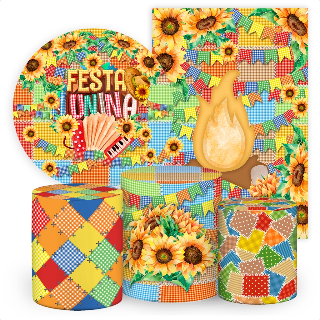 Kit Painel Redondo e Capas Trio De Cilindro e Retangular Tecido Festa Junina Arraiá Junino SKP-256