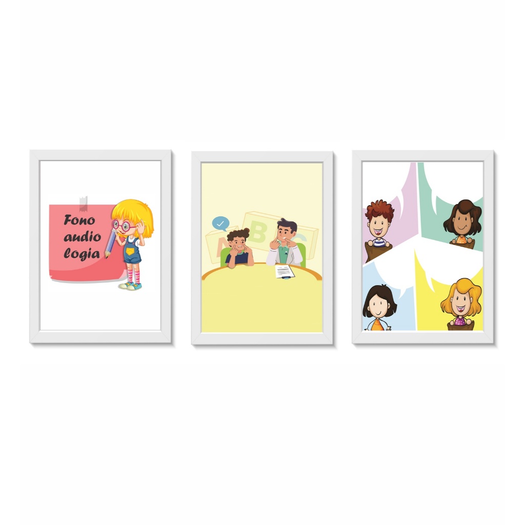 Kit 3 Quadros Decorativos Fonoaudiologia Consultório Clínica Moldura 20x30cm Madeira Vidro Cor Brancas
