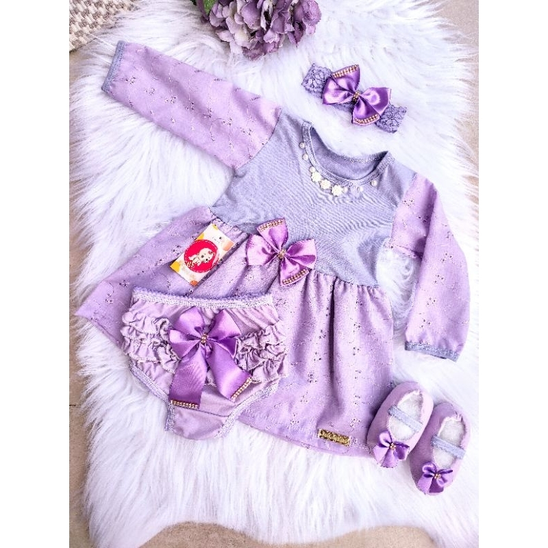 Vestido Bebe Kit 4 Peças Sapatinho Calcinha Tiara Manga Longa Curta Renda Roupa Bebe Festa Ensaio