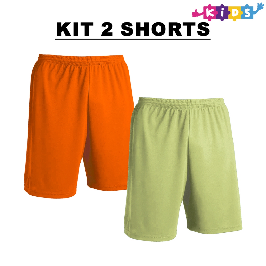 Kit 2 Bermudas Infantil Laranja + Cores Calção Shorts De Futebol em Poliéster - Liso