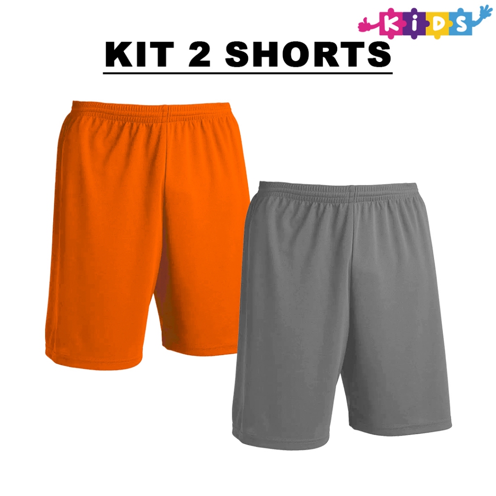 Kit 2 Bermudas Infantil Laranja + Cores Calção Shorts De Futebol em Poliéster - Liso