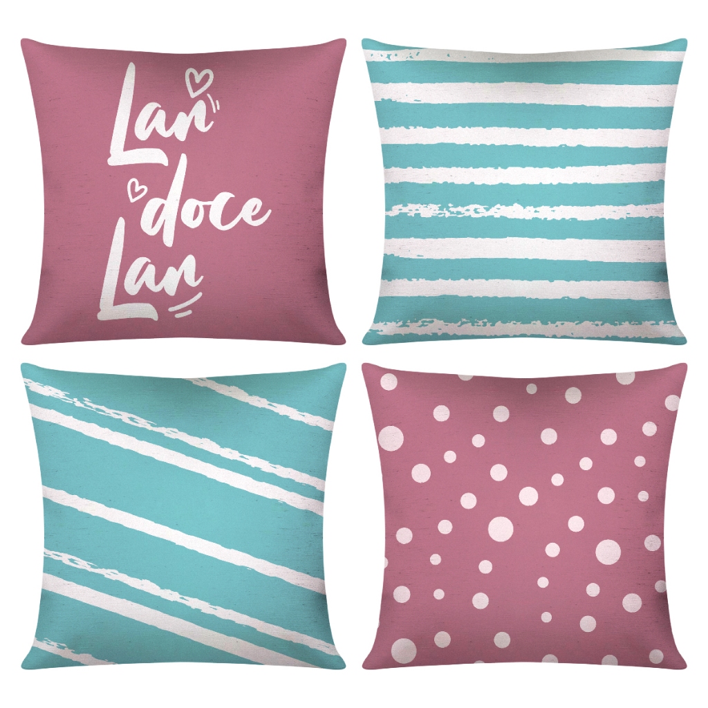 Kit c/ 4 Capas de Almofada Decorativas 45 cm x 45 cm Lar Doce Lar Rose e Azul