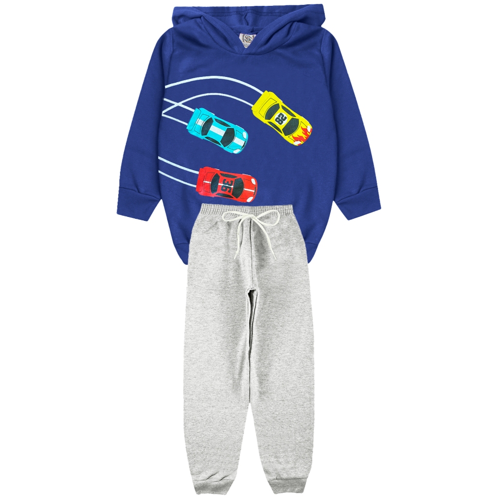 Conjunto Moletom Azul Marinho Carros Menino Masculino - Duas Peças: Calça Moletom + Blusa Moletom - Tamanhos 2 ao 12