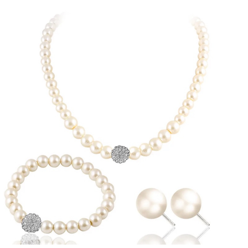 Conjunto 4 peças com Pingente Pérola de Água Doce Branca Pérola Pulseira Brinco Cordão Colar zircônia cristal