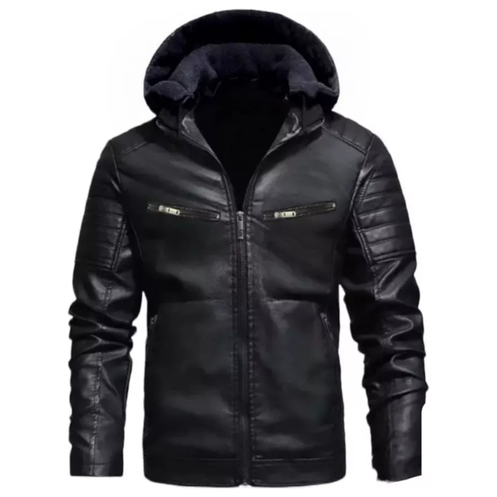 Jaqueta De Couro Com Capuz Casaco Slim Forrado Peluciada