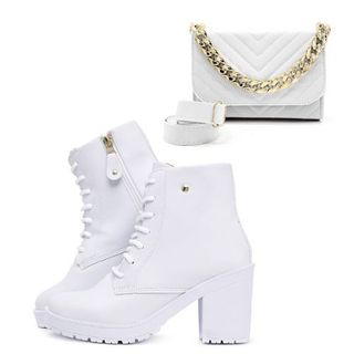 Kit Bota Coturno Feminino Branco Solado Tratorado e Bolsa Quadrada Baladinha Bordada