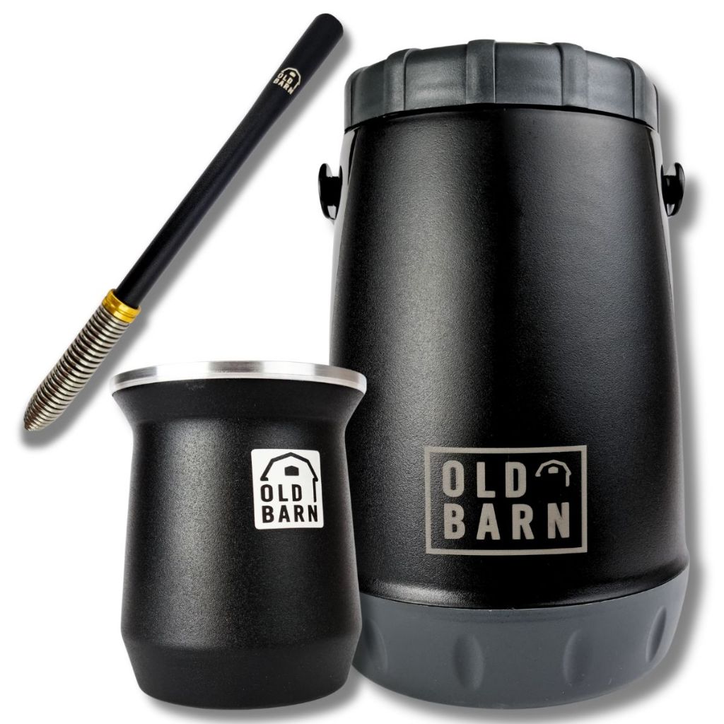 Kit Tereré Old Barn Preto Garrafa 2,5L Cuia Parede Dupla Alumínio 300ml Bomba Inox Mola Cônica