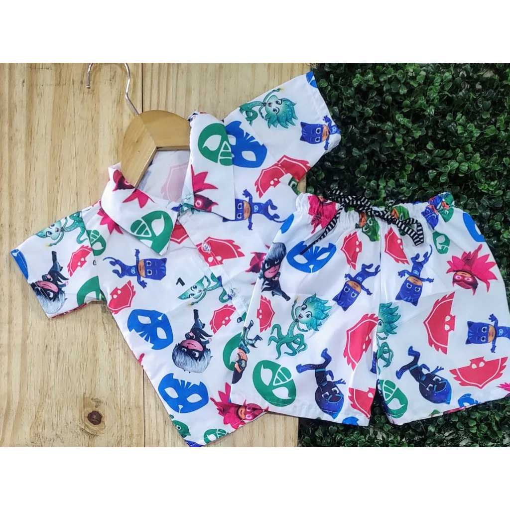 Conjunto PJ Masks Mauricinho Roupa camisa e short infantil Menino Festa Estiloso