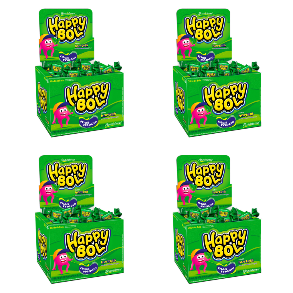 Kit 4 Caixas de Chiclete Happy Bol Macio Sabor Hortelã 46 Un Cd Caixa Total de 184 Un Florestal