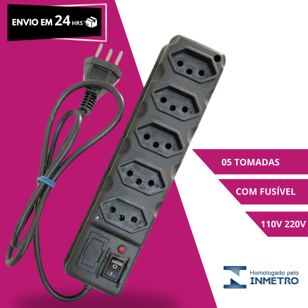 Filtro de Linha Régua 5 Tomadas Tripolares Bivolt - C/Fúsivel Cabo 85cm