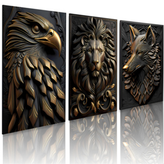 Kit 3 Quadros Decorativos Águia Leão e Lobo Arte Gold Sala Casa Escritório em Oferta na Shopee