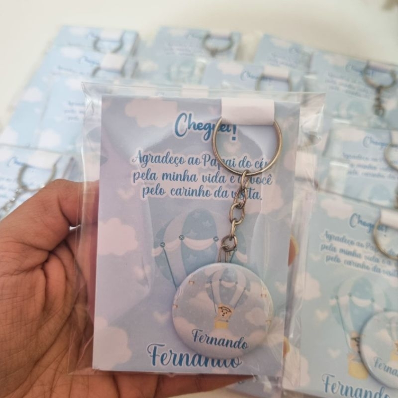 kit Lembrancinha Maternidade Ursinho Baloeiro 10 Bloquinhos + 10 Chaveiros Personalizados