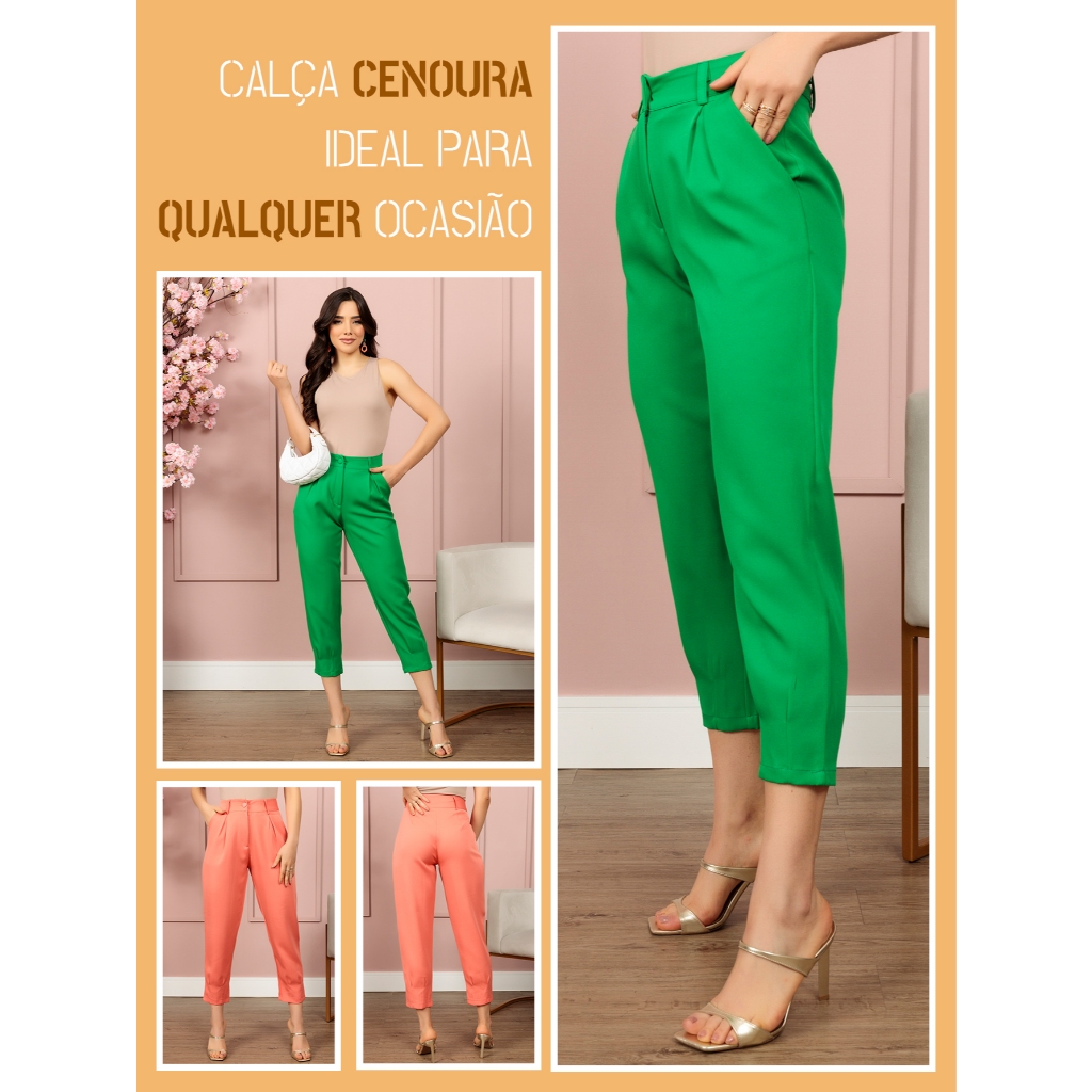 Calça 2169 cenoura detalhes de dobrados com bolso alfaiataria moda feminina