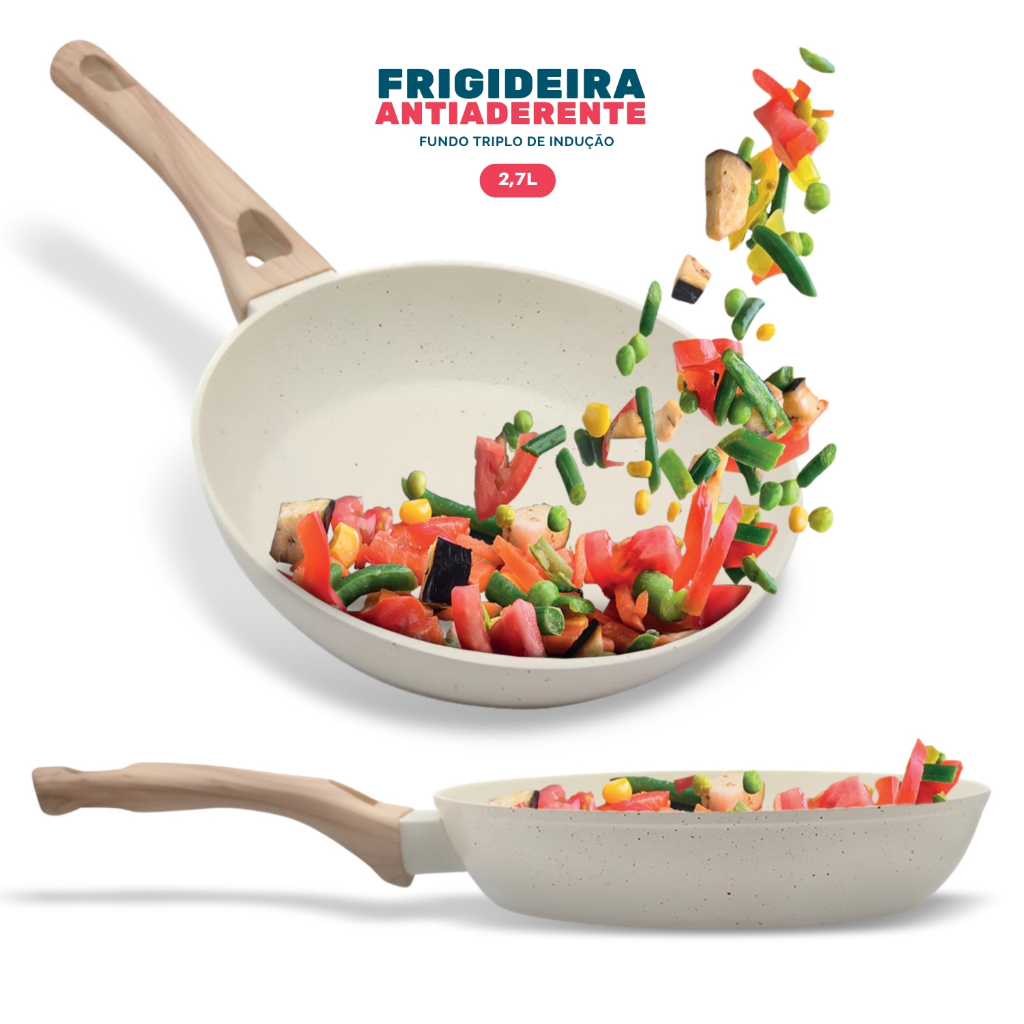 Frigideira Indução 28cm 2,7L Fundo Triplo Revestimento Antiaderente Creme – Dolce Home