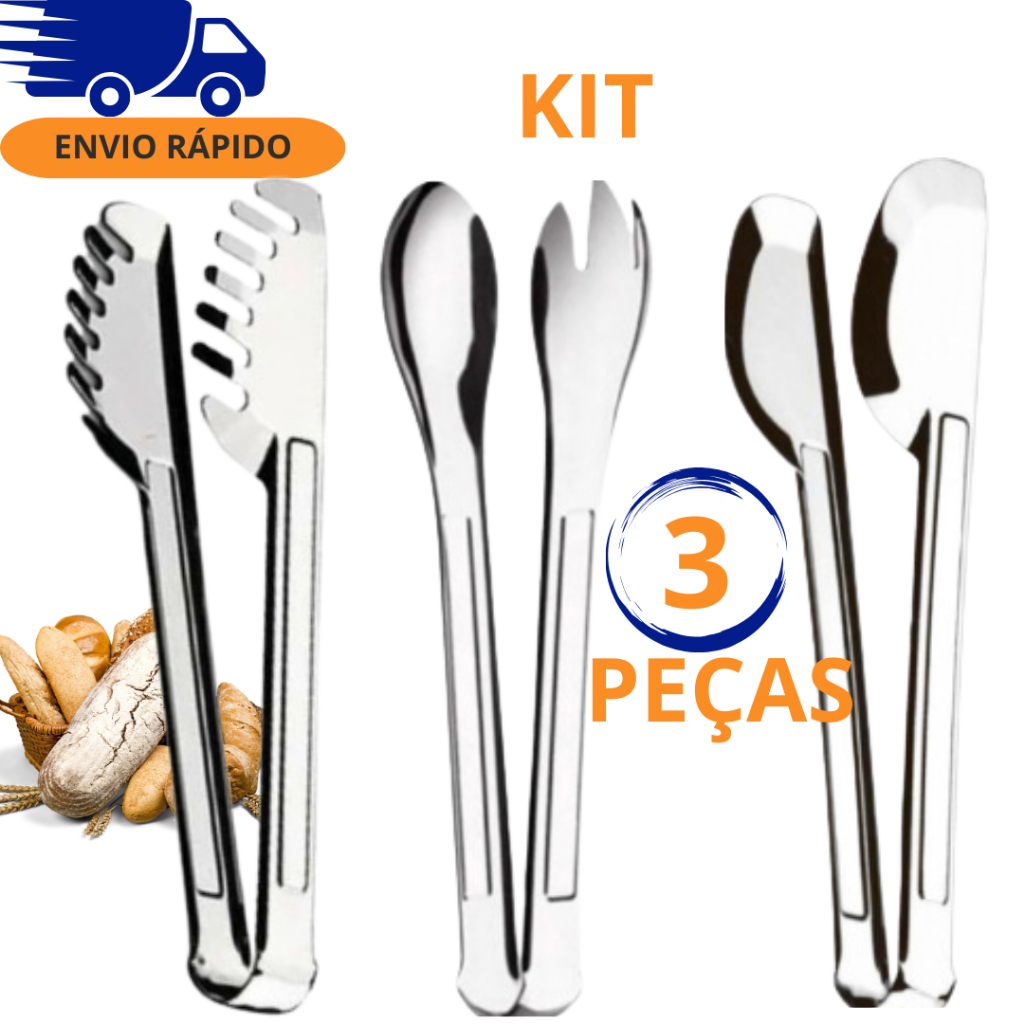 KIT 3 PEGADORES 1 PEGADOR DE MASSA 1 PEGADOR UNIVERSAL 1 PEGADOR SALADA DRINKS CARNE PÃO MACARRÃO EM AÇO INOX