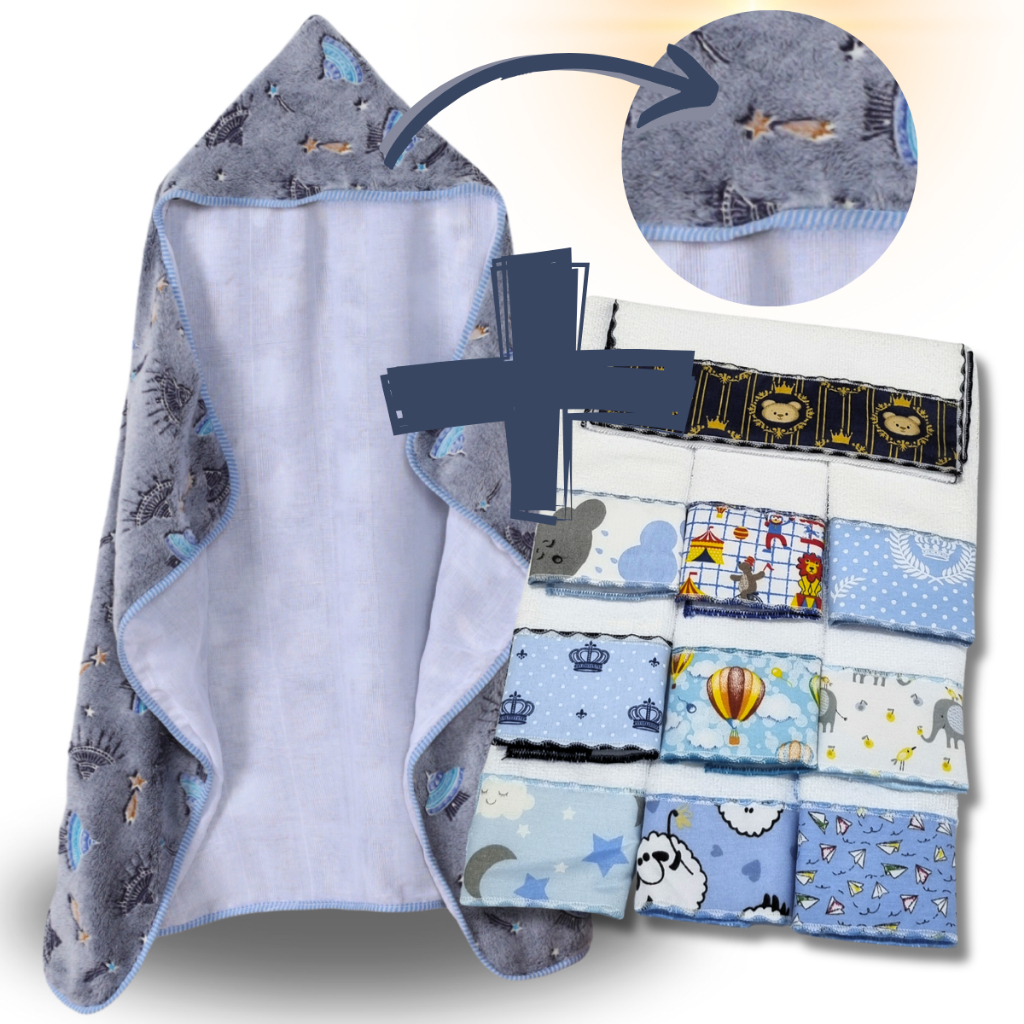 Kit Toalha de Banho Bebe Soft Fleece 3D com Forro Fralda + 6 Toalhinhas de Ombro Overlocada em Oferta na Shopee