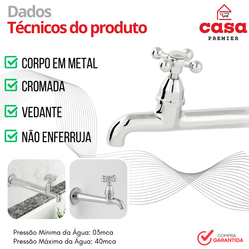 Torneira 100% Metal 1158 Fixa C 33 Cozinha Jardim Tanque e Máquina de Lavar Vedante