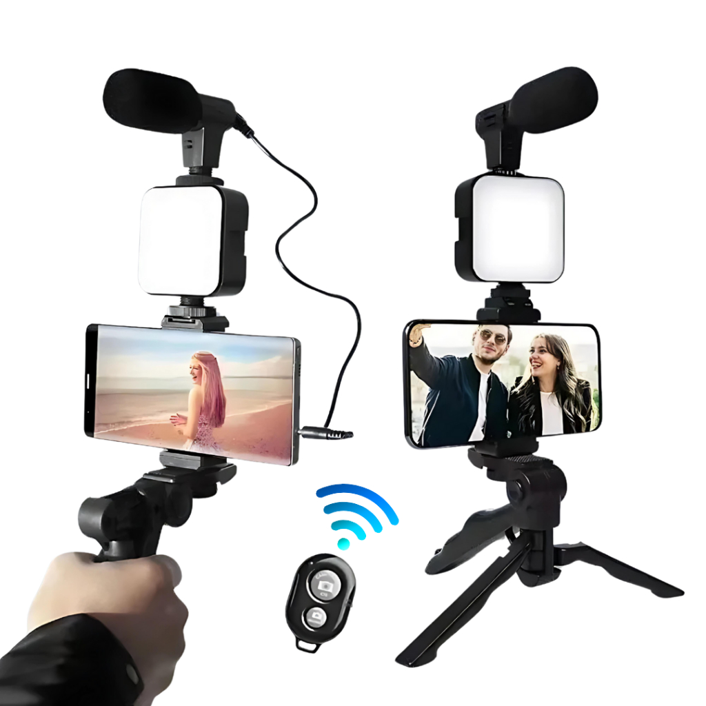 Kit 2 Tripé Celular Suporte Led E Microfone Youtuber podcast Vlog Live