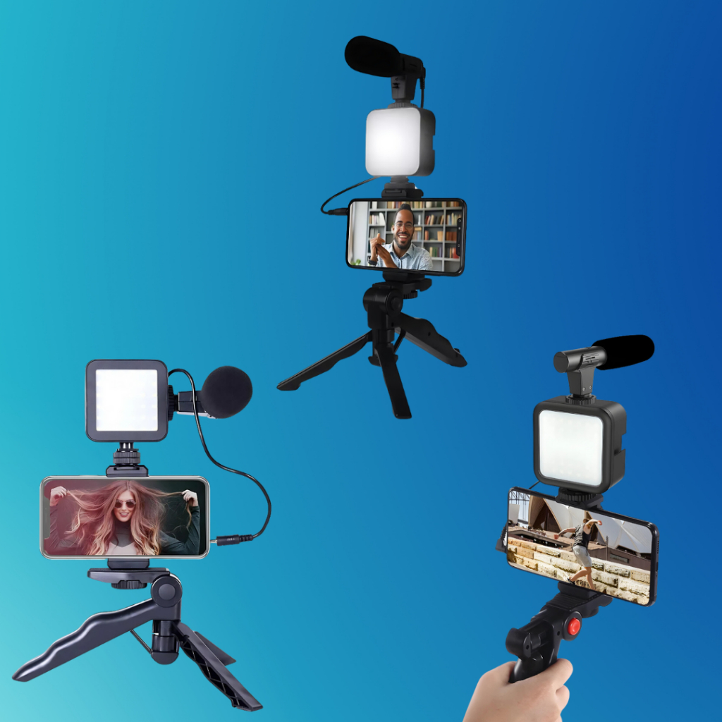 Kit 3 Tripé Celular Suporte Led E Microfone Youtuber podcast Vlog Live
