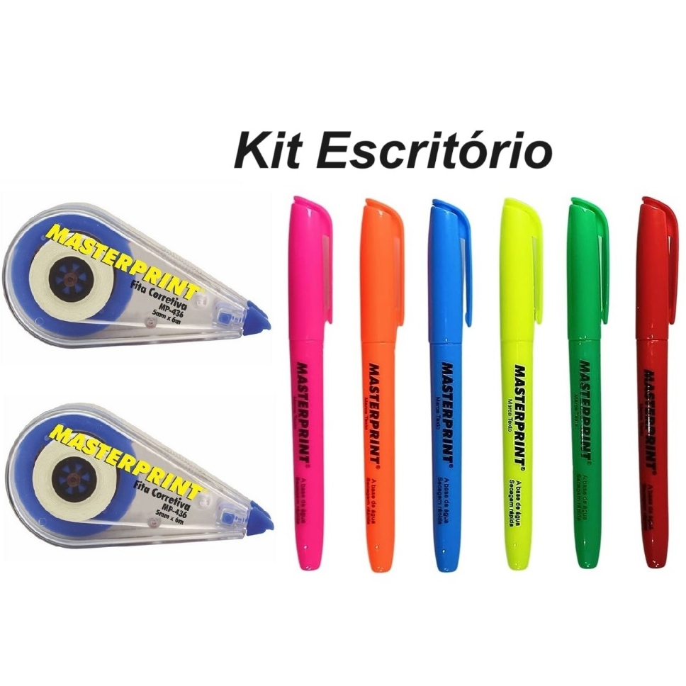 Kit Escritório 2 fita corretiva + 6 marca texto Masterprint em Oferta na Shopee