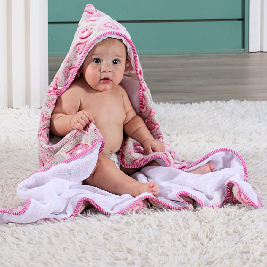 Kit Toalha de Banho para Bebê Soft Fleece com Forro Fralda + 6 Toalhinhas Ombro Overlocada Felpuda
