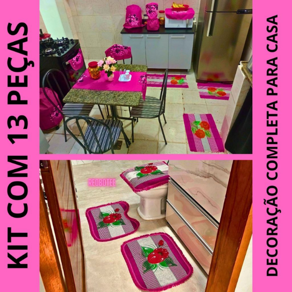 Kit 13 Peças Tapete Cozinha Banheiro Estampado Pano Copa Utensilios Passadeira Box Tecido Algodão