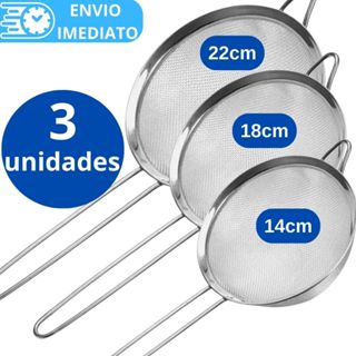 KIT Jogo 1/3 Unidades Peneira Coador de Aço Inox 22cm 18cm 14cm 10cm para Cozinha Casa Restaurante Oleo Farinha. em Oferta na Shopee