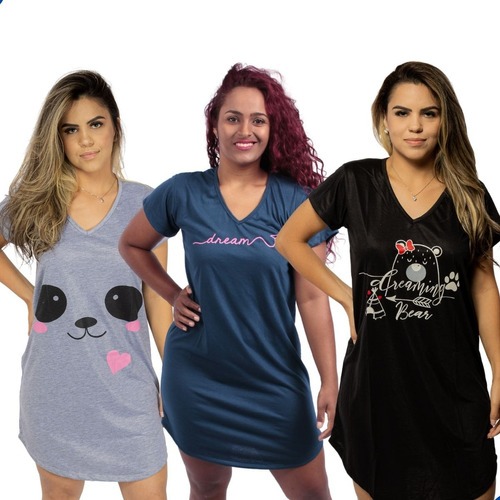 Conjunto 3 Camisolas Feminina Pijama Confortável Manga Curta em Oferta na Shopee