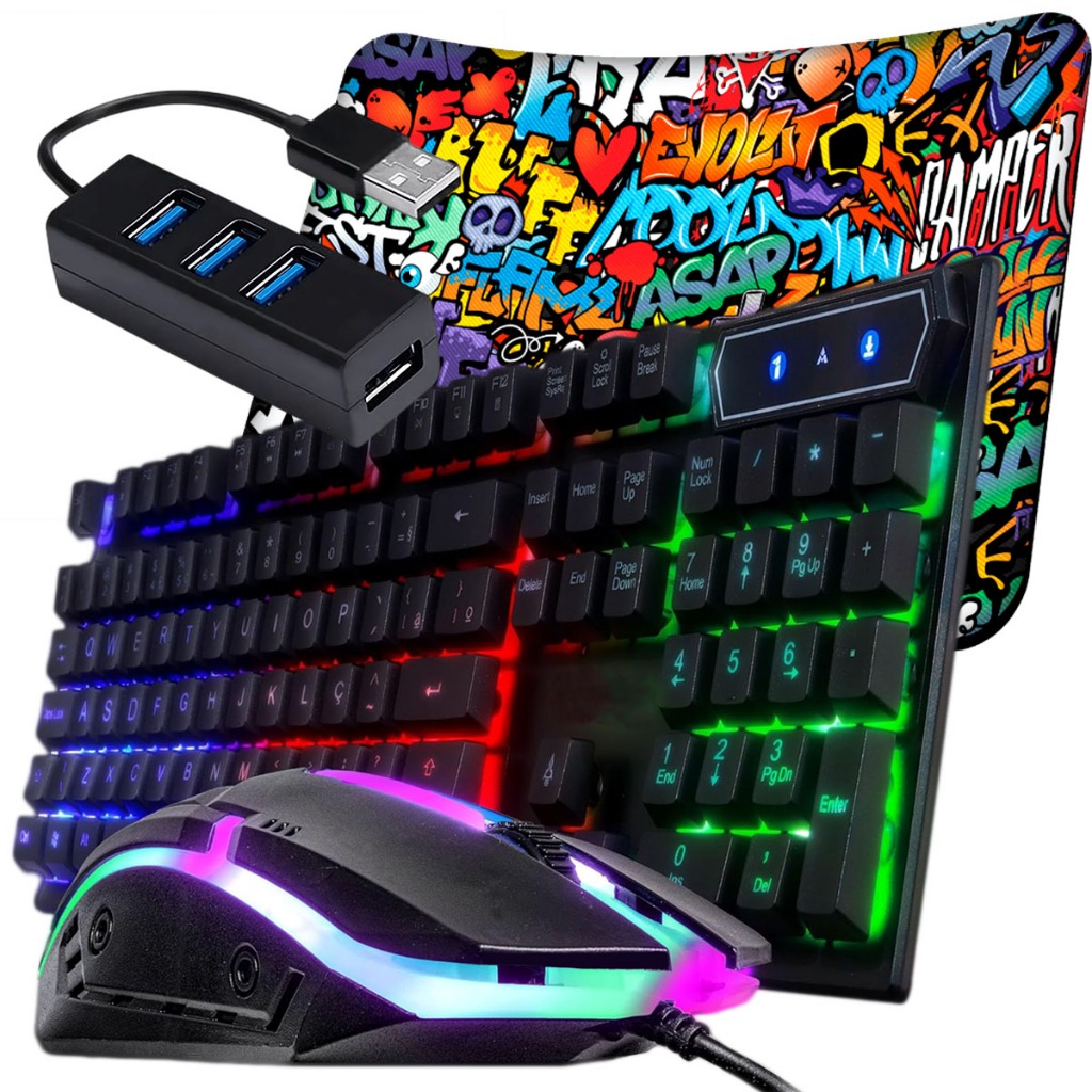 Kit Gamer Premium Teclado Semi Mecânico RGB + Mouse Iluminado + Hub + Pad