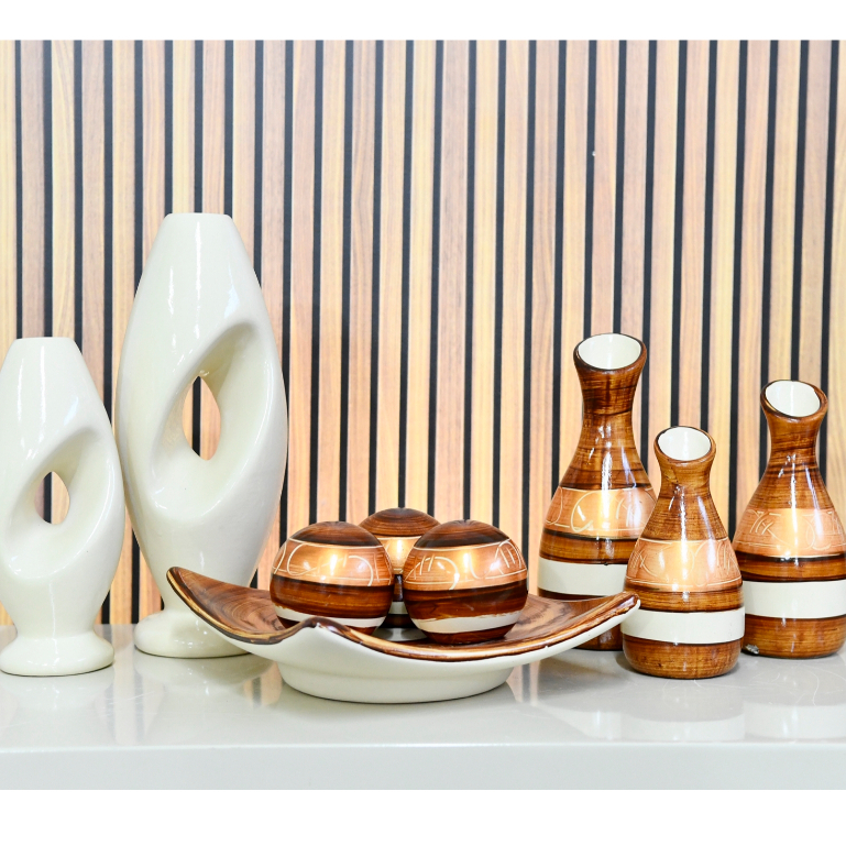 Kit 9 Peças vasos Cerâmica Enfeite Rack Sala Conjunto  Completo Decorativas trio de vasos centro de mesa e Dupla de