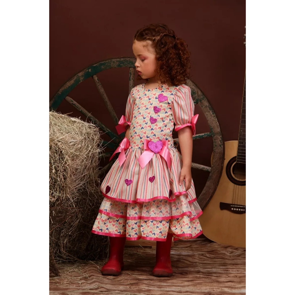 Vestido Junino Festa Junina Arraia Coração Listras Luxo