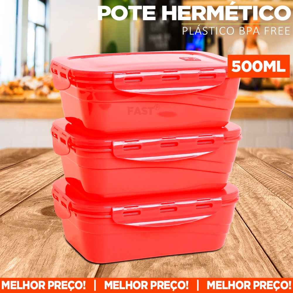 Kit 3 Potes 500ml Plástico Tampa Trava Vedação Hermética Organiza Geladeira Marmita Freezer Microondas