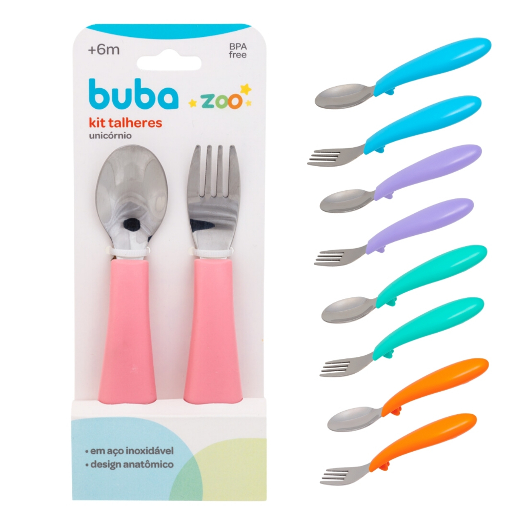 Kit Talheres Infantil Colher Garfo Inox Buba BubaZoo Talher Bebê Introducação Alimentar Refeição Menino Menina em Oferta na Shopee
