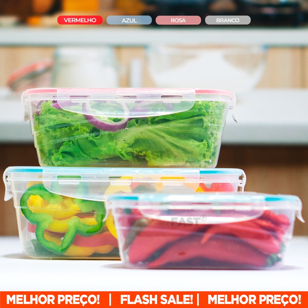 Kit 6 Potes Hermético Plástico Resistente Tampa Trava Vedação Silicone Marmita Organizador Geladeira Vai ao Freezer