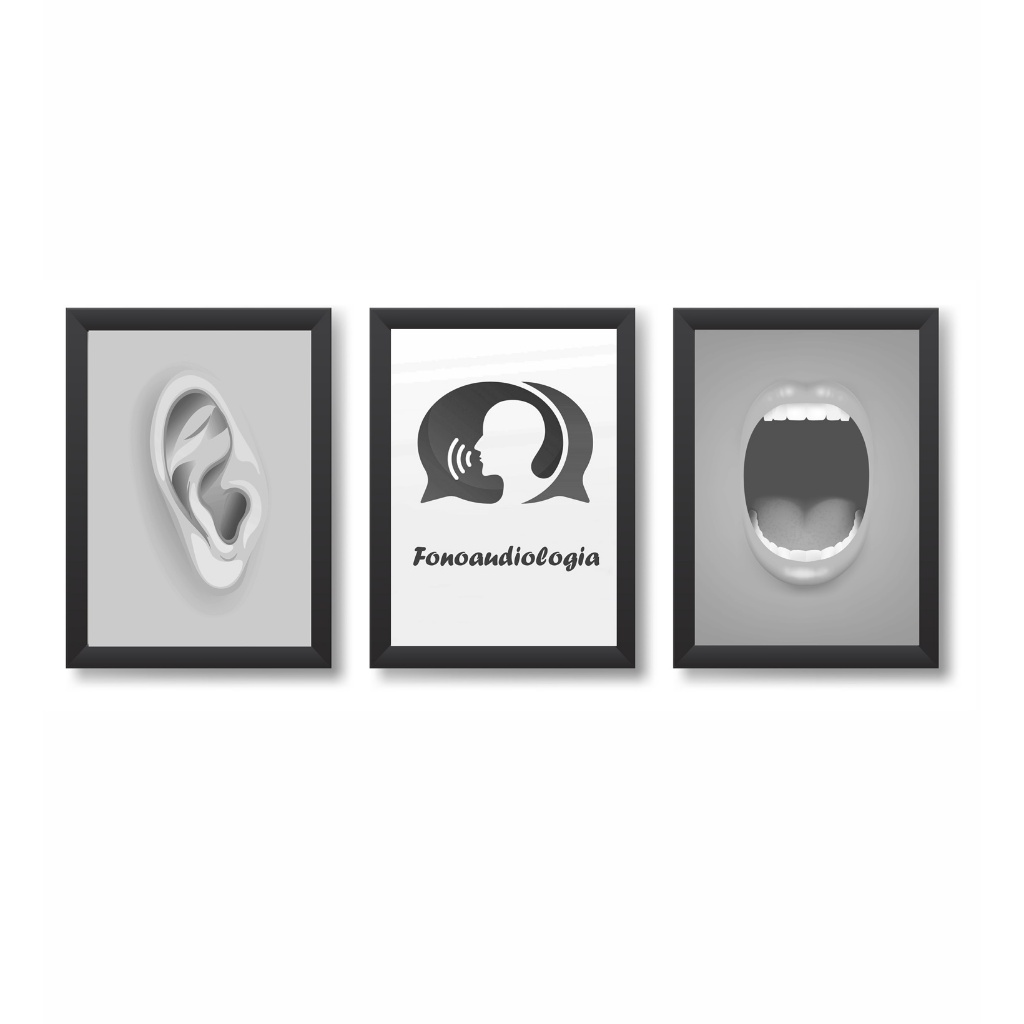 Kit 3 Quadros Decorativos Fonoaudiologia Consultório Clínica Molduras 20x30cm Madeira Vidro Brancas
