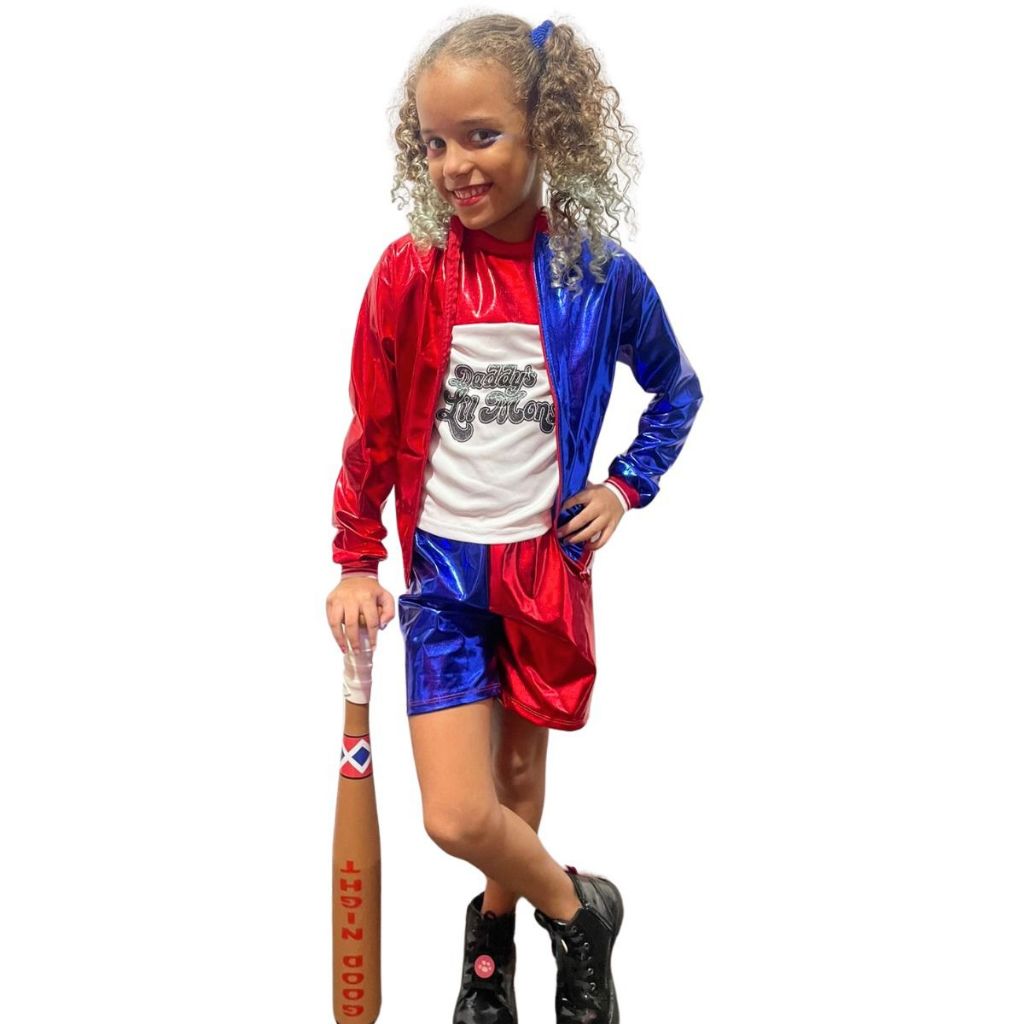 Fantasia Da Arlequina Infantil Harley Quinn Com Casaco e Taco Roupa Infantil Camiseta Shorts