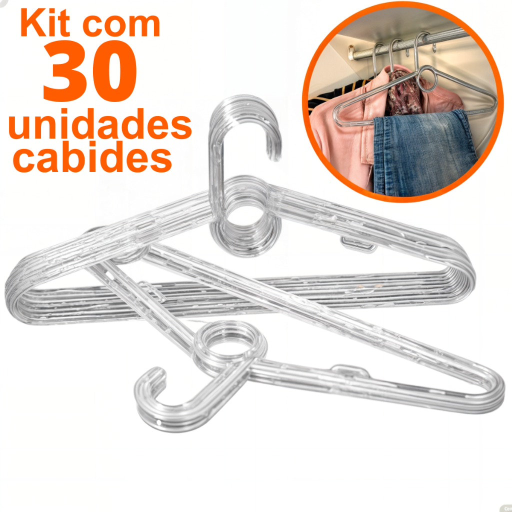 Kit 30 Cabide acrílico TRANSPARENTE Cabide Reforçado para roupas adulto