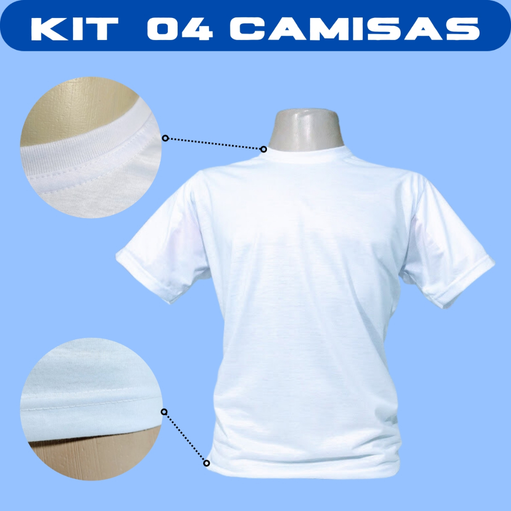 Kit 4 Camisetas Brancas 100% Poliéster VERZZOLO Para Sublimação Silk Personalização