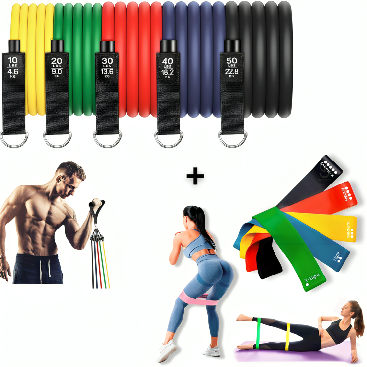 Kit Elástico Exercício 11 Extensor Elástico Treino Em Casa + Kit 5 Mini Band Para Exercícios Multifuncional Yoga Treino