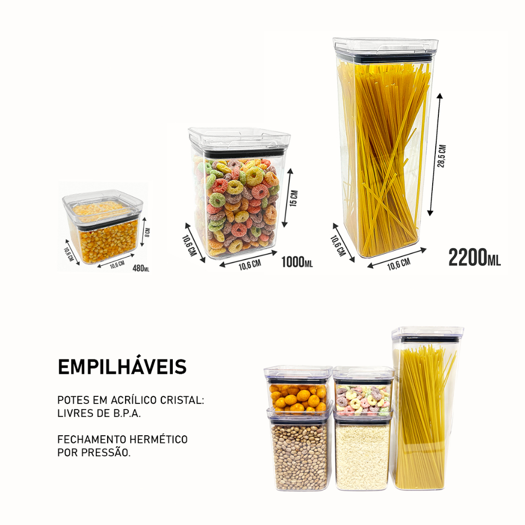 Conjunto de Potes Herméticos em Acrílico Cristal Empilhável, Organizador Porta Mantimentos c Vedação