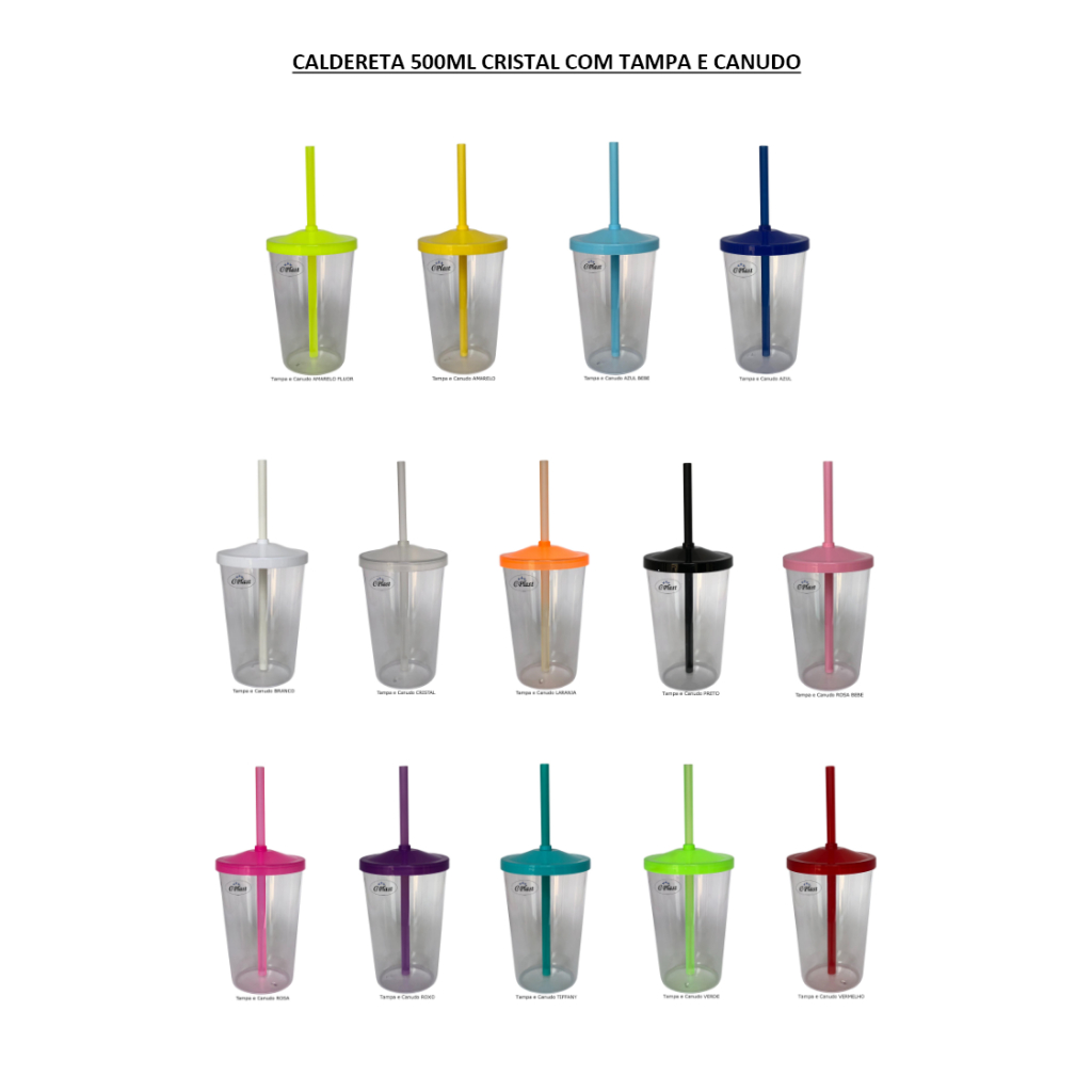 20 Copos Caldereta 500ml CRISTAL (Transparente) em Acrilico com Tampa e Canudo. Cores Lindas - Festa