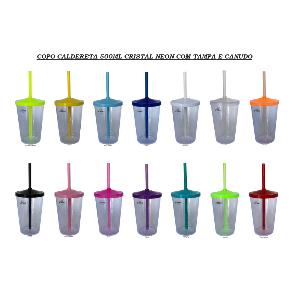 25 Copos Caldereta 500ml CRISTAL NEON em Acrilico com Tampa e Canudo. Lindas Cores - Brindes, Festas