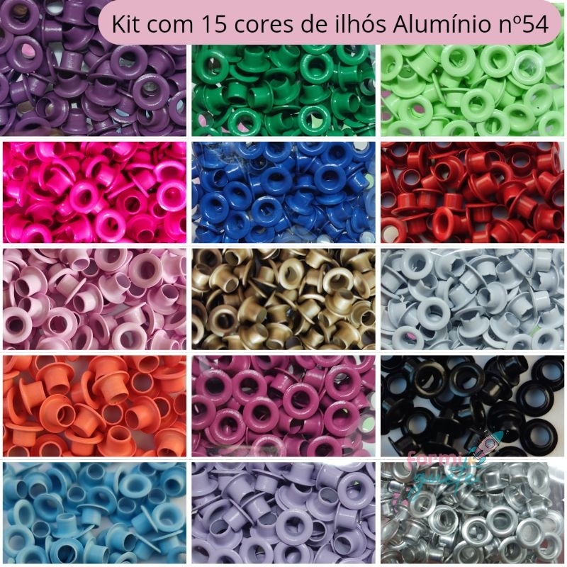 Imagem Kit ilhós alumínio n°54 com 15 cores para artesanato aplicação feita com crop e alicate.