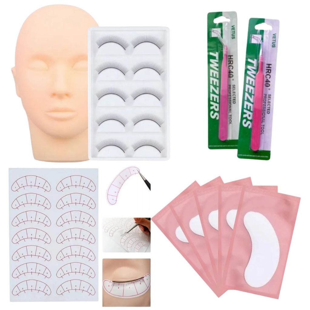 Kit Treino Alongamento e Extensão Cilios Cabeça De Treino Pinça Protetor Pálpebras Pad Gel