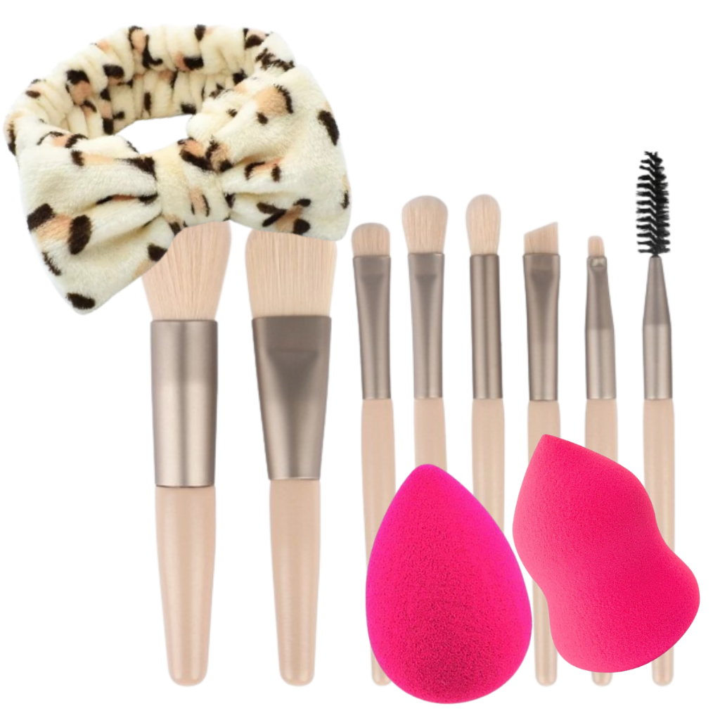 Kit 8 Pincéis C/ Estojolindo Maquiagem P/Base Blush E sombra + 2 Esponja Gota Chanfrada Para Base e Corretivo + Faixa Make